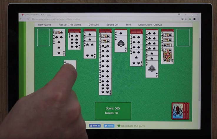 Spider Solitaire Windows XP played on a tablet